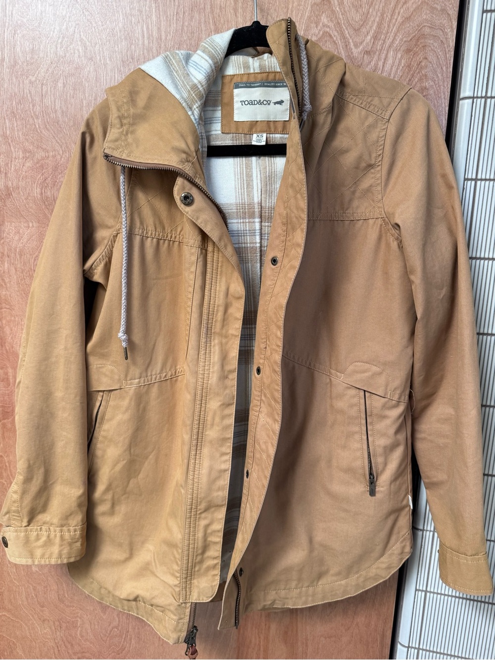 Toad&Co Camel Hooded Field Coat with Plaid Lining